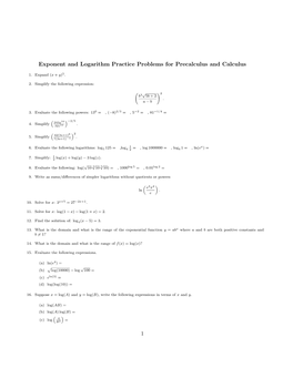 Exponent and Logarithm Practice Problems for Precalculus and Calculus
