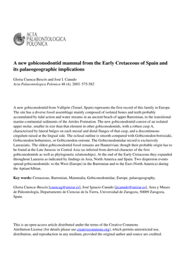 A New Gobiconodontid Mammal from the Early Cretaceous of Spain and Its Palaeogeographic Implications