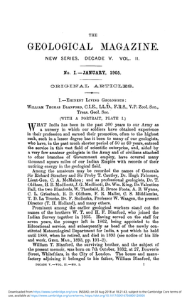 I.—Eminent Living Geologists : William Thomas Blanford, C.I.E., Ll.T)., F.E.S., V.P