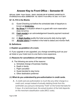 Answer Key to Front Office – Semester-III