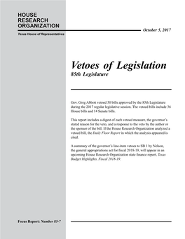 Vetoes of Legislation 85Th Legislature
