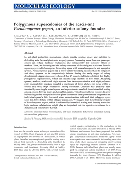 Polygynous Supercolonies of the Acacia-Ant Pseudomyrmex Peperi, an Inferior Colony Founder