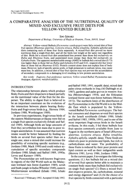 A Comparative Analysis of the Nutritional Quality of Mixed and Exclusive Fruit Diets for Yellow-Vented Bulbuls