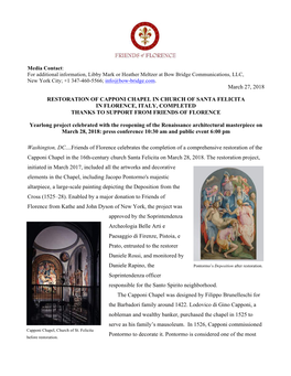 March 27, 2018 RESTORATION of CAPPONI CHAPEL in CHURCH of SANTA FELICITA in FLORENCE, ITALY, COMPLETED THANKS to SUPPORT FROM