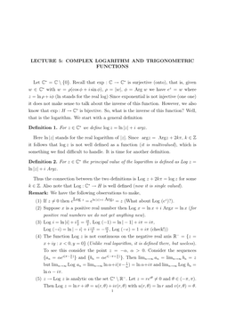 Lecture 5: Complex Logarithm and Trigonometric Functions