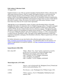 Irish Authors Collections Guide 18 August 2020 English Literature Is One of the Two Greatest Strengths of the Rosenbach's Libr