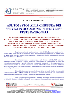 Asl To3 : Stop Alla Chiusura Dei Servizi in Occasione Di 19 Diverse Feste Patronali