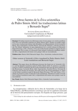 Otras Fuentes De La Ética Aristotélica De Pedro Simón Abril: Las Traducciones Latinas Y Bernardo Segni*