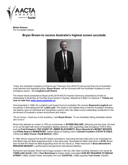 Bryan Brown to Receive Australia's Highest Screen Accolade