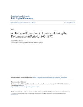 A History of Education in Louisiana During the Reconstruction Period, 1862-1877