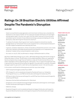 Ratings on 26 Brazilian Electric Utilities Affirmed Despite the Pandemic's Disruption