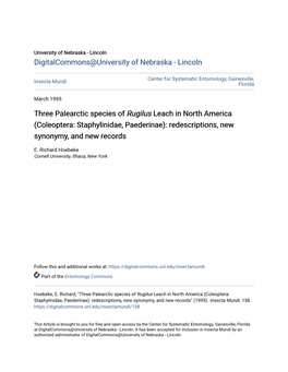 Coleoptera: Staphylinidae, Paederinae): Redescriptions, New Synonymy, and New Records