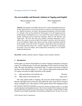 On Root Modality and Thematic Relations in Tagalog and English*