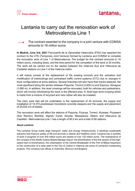 Lantania to Carry out the Renovation Work of Metrovalencia Line 1