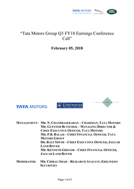“Tata Motors Group Q3 FY18 Earnings Conference Call”