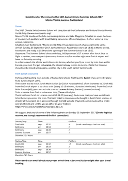 Guidelines for the Venue to the 16Th Swiss Climate Summer School 2017 Monte Verità, Ascona, Switzerland