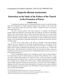 Inspectis Dierum Nostrorum: Instruction on the Study of the Fathers of the Church in the Formation of Priests