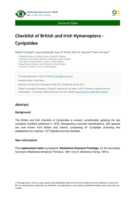 Checklist of British and Irish Hymenoptera - Cynipoidea