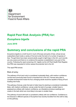 Rapid Pest Risk Analysis (PRA) For: Euzophera Bigella