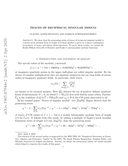 Traces of Reciprocal Singular Moduli, We Require the Theta Functions