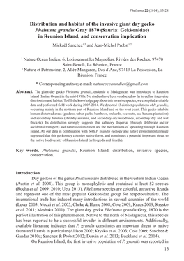 Distribution and Habitat of the Invasive Giant Day Gecko Phelsuma Grandis Gray 1870