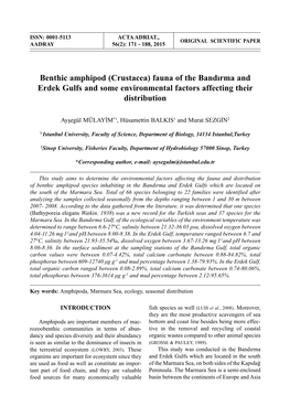 Benthic Amphipod (Crustacea) Fauna of the Bandırma and Erdek Gulfs and Some Environmental Factors Affecting Their Distribution