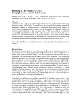 Planning the Horticultural Sector Managing Greenhouse Sprawl in the Netherlands
