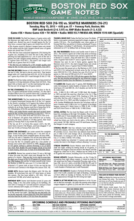 Red Sox Game Notes Page 2 TODAY’S STARTING PITCHER 19-JOSH BECKETT, RHP 2-4, 5.97 ERA, 6 Starts 2012: 2-4, 5.97 ERA (23 ER/34.2 IP) in 6 GS 2011 Vs
