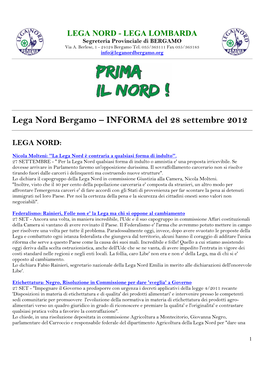 Lega Nord Bergamo – INFORMA Del 28 Settembre 2012