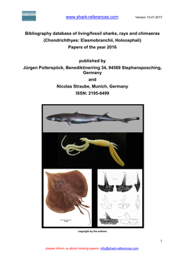 Bibliography Database of Living/Fossil Sharks, Rays and Chimaeras (Chondrichthyes: Elasmobranchii, Holocephali) Papers of the Year 2016