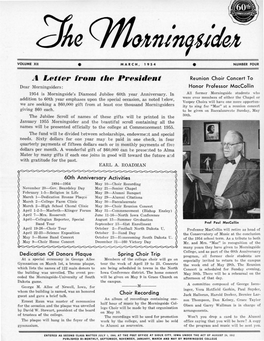 A Letter from the President Reunion Choir Concert to Dear Morningsiders: Honor Professor Maccollin 1954 Is Morningside's Diamond Jubilee 60Th Year Anniversary