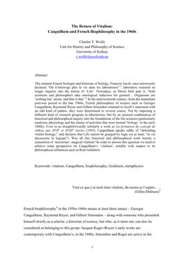 The Return of Vitalism: Canguilhem and French Biophilosophy in the 1960S