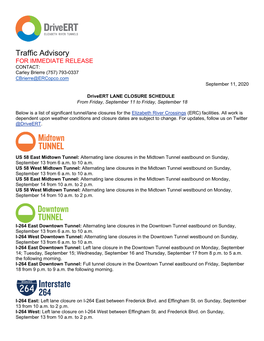 Traffic Advisory for IMMEDIATE RELEASE CONTACT: Carley Brierre (757) 793-0337 Cbrierre@Ercopco.Com September 11, 2020
