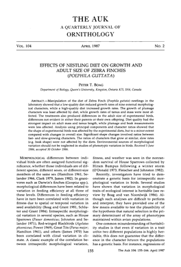 Effects of Nestling Diet on Growth and Adult Size of Zebra Finches (Poephila Guttata )