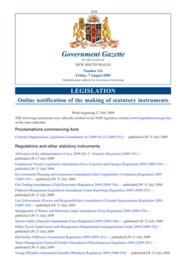 Government Gazette of the STATE of NEW SOUTH WALES Number 111 Friday, 7 August 2009 Published Under Authority by Government Advertising