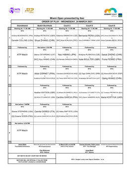 Miami Open Presented by Itaú ORDER of PLAY - WEDNESDAY, 24 MARCH 2021