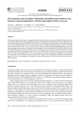 The Taxonomic Status of Badgers (Mammalia, Mustelidae) from Southwest Asia Based on Cranial Morphometrics, with the Redescription of Meles Canescens