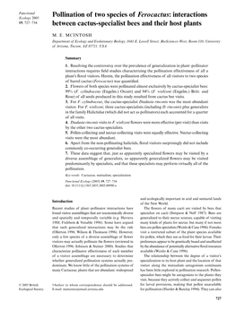 Pollination of Two Species of Ferocactus: Interactions Between Cactus-Specialist Bees and Their Host Plants