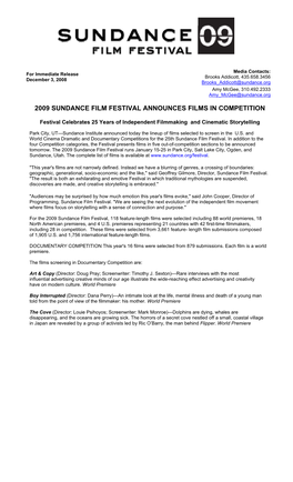 2009 Sundance Film Festival Announces Films in Competition