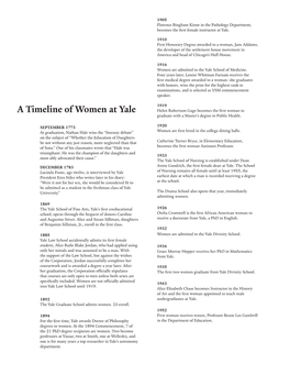 A Timeline of Women at Yale Helen Robertson Gage Becomes the ﬁrst Woman to Graduate with a Master’S Degree in Public Health