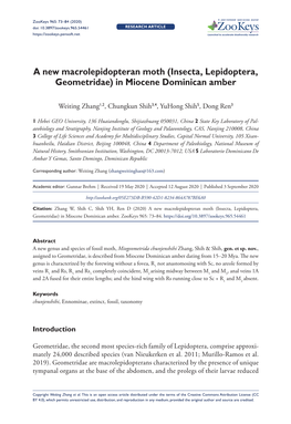 ﻿A New Macrolepidopteran Moth (Insecta, Lepidoptera, Geometridae) in Miocene Dominican Amber