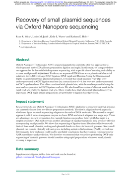 Recovery of Small Plasmid Sequences Via Oxford Nanopore Sequencing