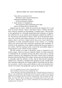 Ibycus Pmgf 287: Love and Disgrace Ἔρος Αὖτέ Με Κυανέοισιν Ὑπὸ Βλεφάροις Τακέρ' Ὄµ