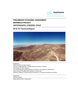 Preliminary Economic Assessment Marimaca Project Antofagasta, Ii Region, Chile
