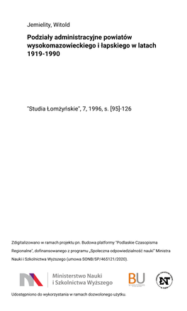 Podziały Administracyjne Powiatów Wysokomazowieckiego I Łapskiego W Latach 1919-1990