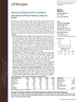 Avenue Supermarts Limited AVEU.BO, DMART in Value Retailer at Premium Multiples; Initiate with Price: Rs664.40 Neutral Price Target: Rs635.00