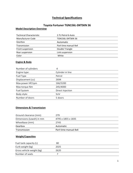 Technical Specifications Toyota Fortuner TGN156L-SNTSKN 36
