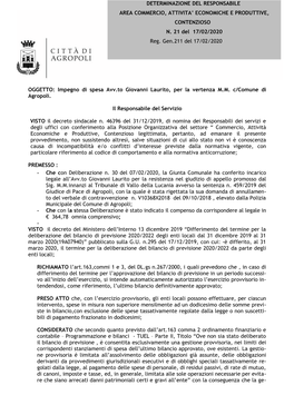 OGGETTO: Impegno Di Spesa Avv.To Giovanni Laurito, Per La Vertenza M.M. C/Comune Di Agropoli. Il Responsabile Del Servizio VISTO