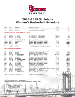 2018-2019 St. John's Women's Basketball Schedule