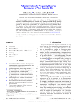 Retention Indices for Frequently Reported Compounds of Plant Essential Oils